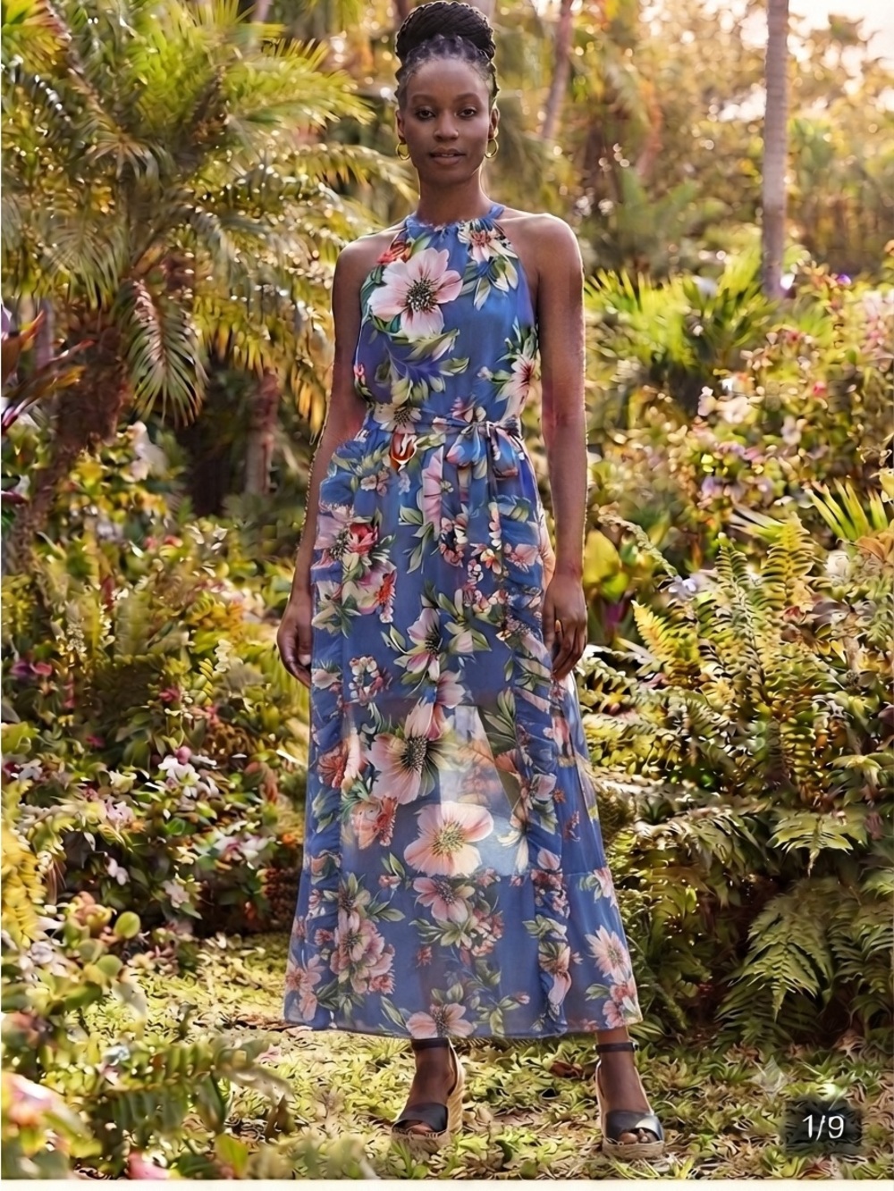 Vince Camuto Blue Floral Ruffle Halter Dress